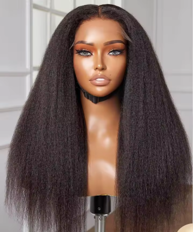 Black Yaki Kinky Straight Hair Wig HD Transparent Natural Front Lace Kinky Edges Curly Hair