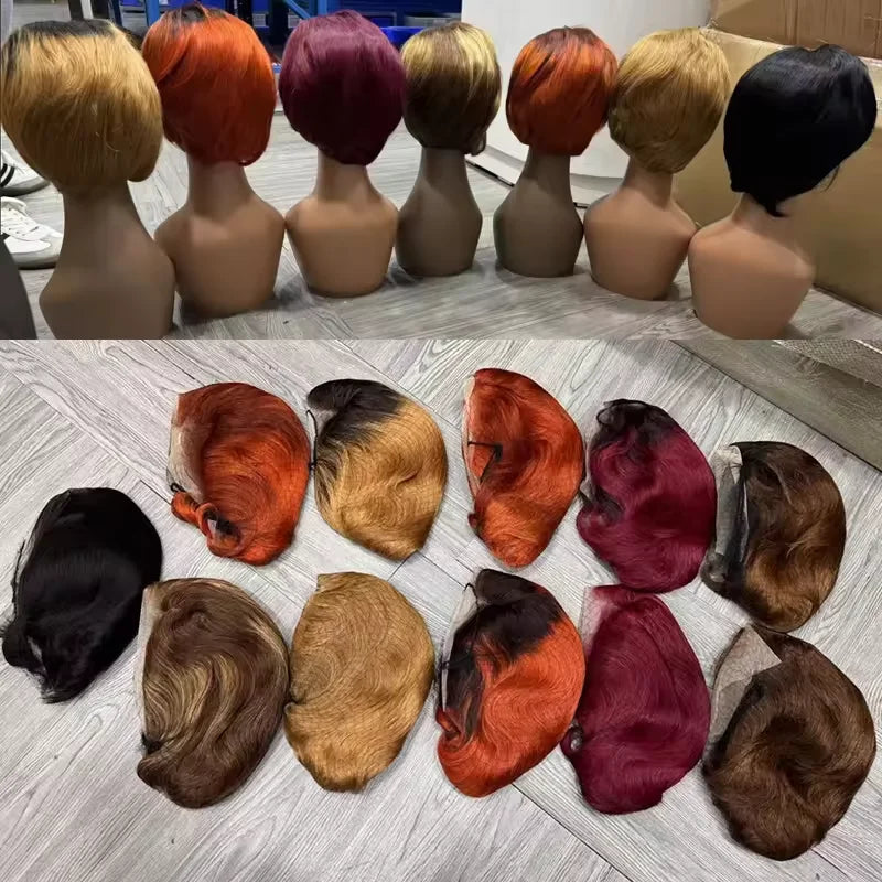 Wholesale Brazilian Virgin Ginger Orange 13x4 Transparent Lace Front Wig Straight Short Pixie Human Hair Wigs for Black Women