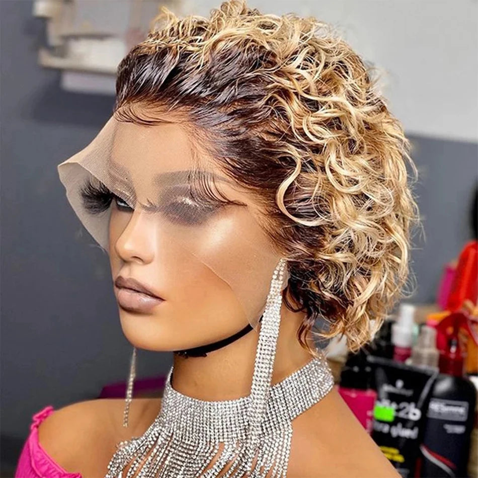 Short Pixie Cut Curly Lace Front Wigs for Black Women Human Hair Wigs Pixie Curls Closure Wig Tpart Cuticle Aligned Hair